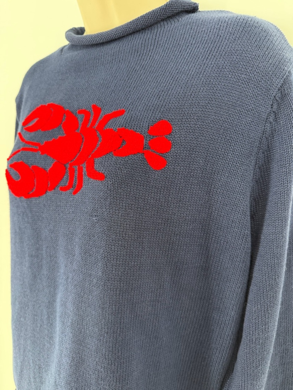 Navy Cotton Roll Neck Sweater Embroidered Red Lobster M/L Coastal Nautical - Picture 3 of 9